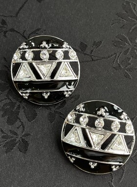 【楠阁】中古vintage 复古基础百搭时尚圆盾捷克钻黑色拼接耳饰