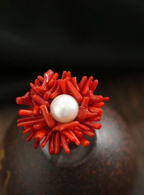 花朵925珍珠红色银配饰珊瑚女