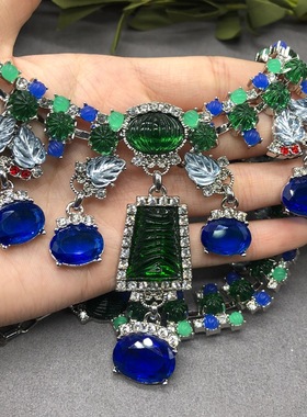 西洋中古重工蓝色莱茵石宝石链项链耳环套装高定夸张高级感锁骨链