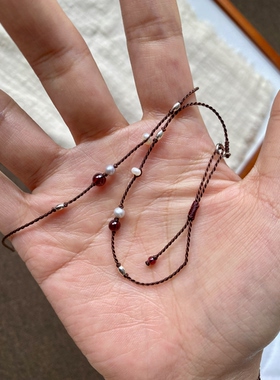 原创锁骨集棕色编绳手链多麻灰珍珠项链可调节