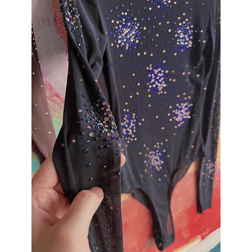 外贸原单LIM*E欧美收腰显瘦塑身薄款辣妹水钻贴花网眼长袖连身衣 - 图1