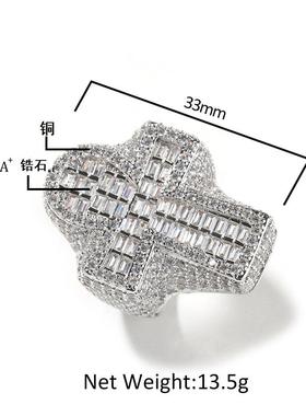 创意铜镶T方锆石十字架安赫嘻哈戒指梯方钻复古时尚男潮指环