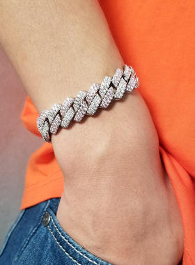 13mm情侣嘻哈手链时尚银粉拼色条形古巴链hiphop紫色锆石黑色项链