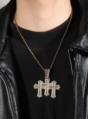 欧美铜镶T方锆石十字架吊坠时尚新款镶钻嘻哈男女说唱潮项链