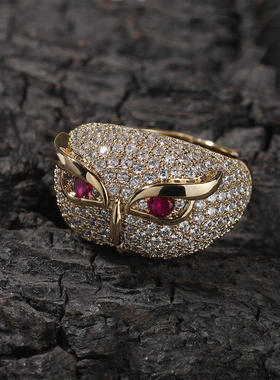 铜镶5A锆石创意猫头鹰嘻哈戒指