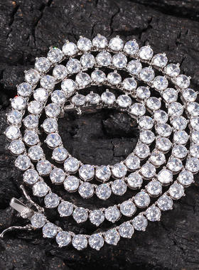 欧美嘻哈铜镶锆石项链三爪镶粉色潮情侣单排钻网球链Tennis Chain