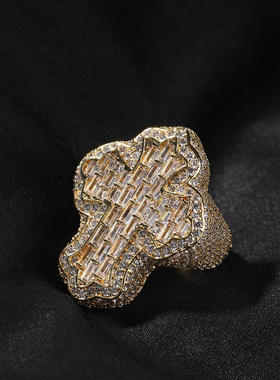 十字架T方锆石嘻哈男戒指