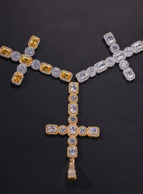欧美嘻哈项链方圆大锆石十字架吊坠CrossPendant街舞说唱情侣挂饰