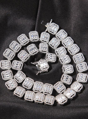 13mm欧美九宫格嘻哈项链时尚方钻圆钻混镶镂空手链长方情侣锁骨链