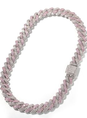 嘻哈锆石满钻古巴项链吊坠粉白