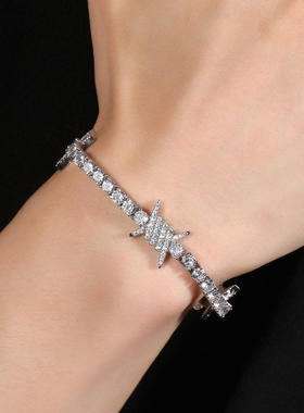 嘻哈饰品插扣款14mm铁丝荆棘搭4mm网球项链铜镶锆石百搭男女手链