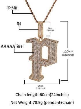 欧美新款铜镶锆石大号字母P吊坠大写字母潮流嘻哈项坠hiphop饰品