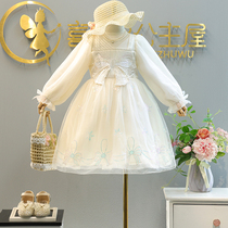 Girls dress 2023 Autumn Dress New Embroidery Mesh Yarn Dress Long Sleeve Birthday Princess Skirt Butterfly Knot Child Skirt