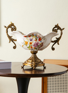 美式复古陶瓷果盘别墅客厅家用高脚双耳欧式干果盘创意家居摆件