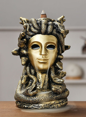 跨境创意蛇发女希腊神话蛇头面具倒流香炉树脂工艺家居摆件装饰品