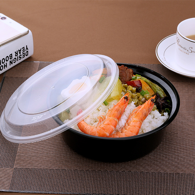 饮龙900ml美式圆形一次性餐盒带盖高档黑色打包盒外卖饭盒便当碗