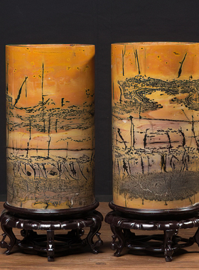 草花石国画石天然奇石一对大圆柱直筒通底花盆中式书画筒TD138