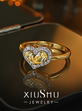 精工版星芒心钻双石爱心黄钻色925银戒指甜美可爱小众设计感温柔