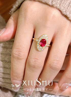 中古风守护盾牌鸽血红925银戒指