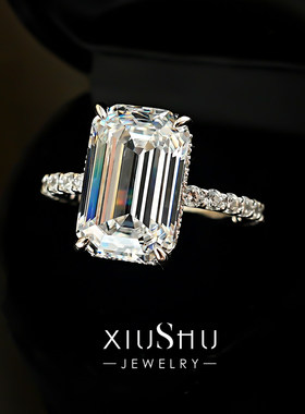 冰透大冰糖9克拉祖母绿切割925银戒指女白钻款简约大气富婆款食指