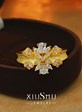 古法拉丝925银镀黄金色戒指