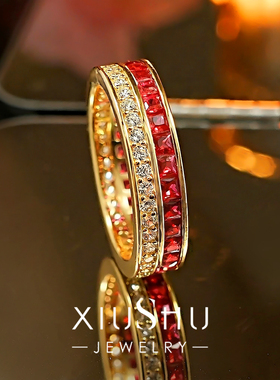 培育红宝石双排轨道镶戒指