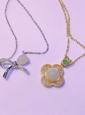 925纯银微镶蝴蝶结项链女轻奢小众设计感国风和田玉锁骨链带证书