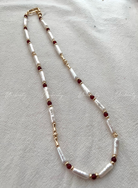 【醉红颜】天然淡水冷白光ak近圆巴洛克珍珠红石榴石项链