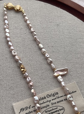 【清樱】尤妮宝帝原创设计天然淡水粉金花瓣巴洛克碎银子珍珠项链