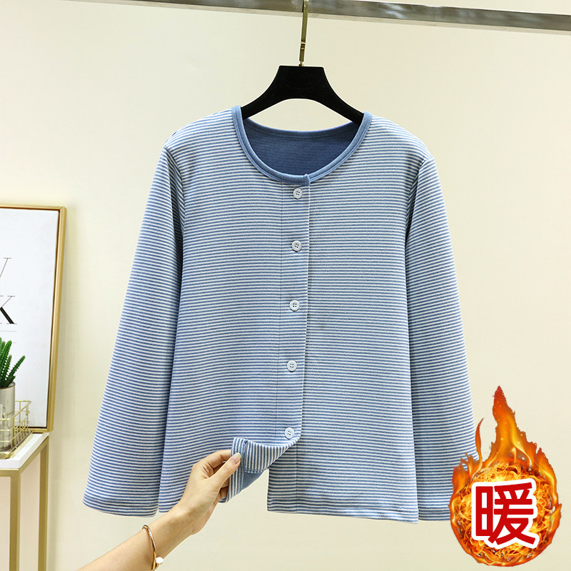 德绒宽松圆领保暖睡衣上装冬季居家加厚单排扣上衣女加绒条纹开衫,淘宝优惠券,粉丝福利购,淘宝优惠卷
