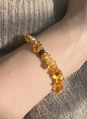 轻奢黄水晶999足银天然琥珀手链女碎石手串小众设计感百搭ins潮