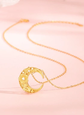 s925纯银月下花神项链女立体浮雕花朵月亮吊坠毛衣链时髦金店同款