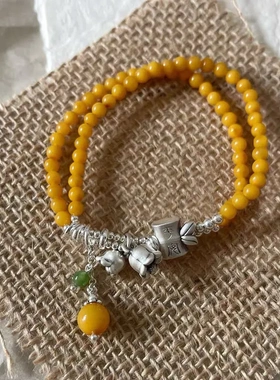 s925铃兰花竹节蜜蜡双圈手串弹力小众复古手链新中式国潮高级感