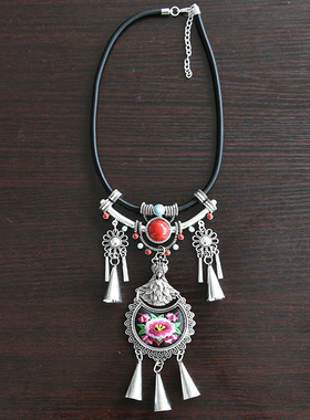 苗银女刺绣花项链民族风