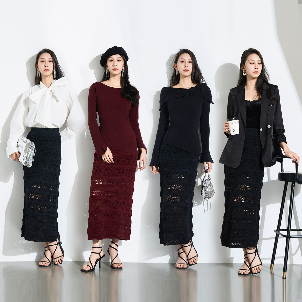 【镂空半裙】曼诺比菲春秋针织镂空半身裙女a字修身直筒裙长裙,淘宝优惠券,粉丝福利购,淘宝优惠卷