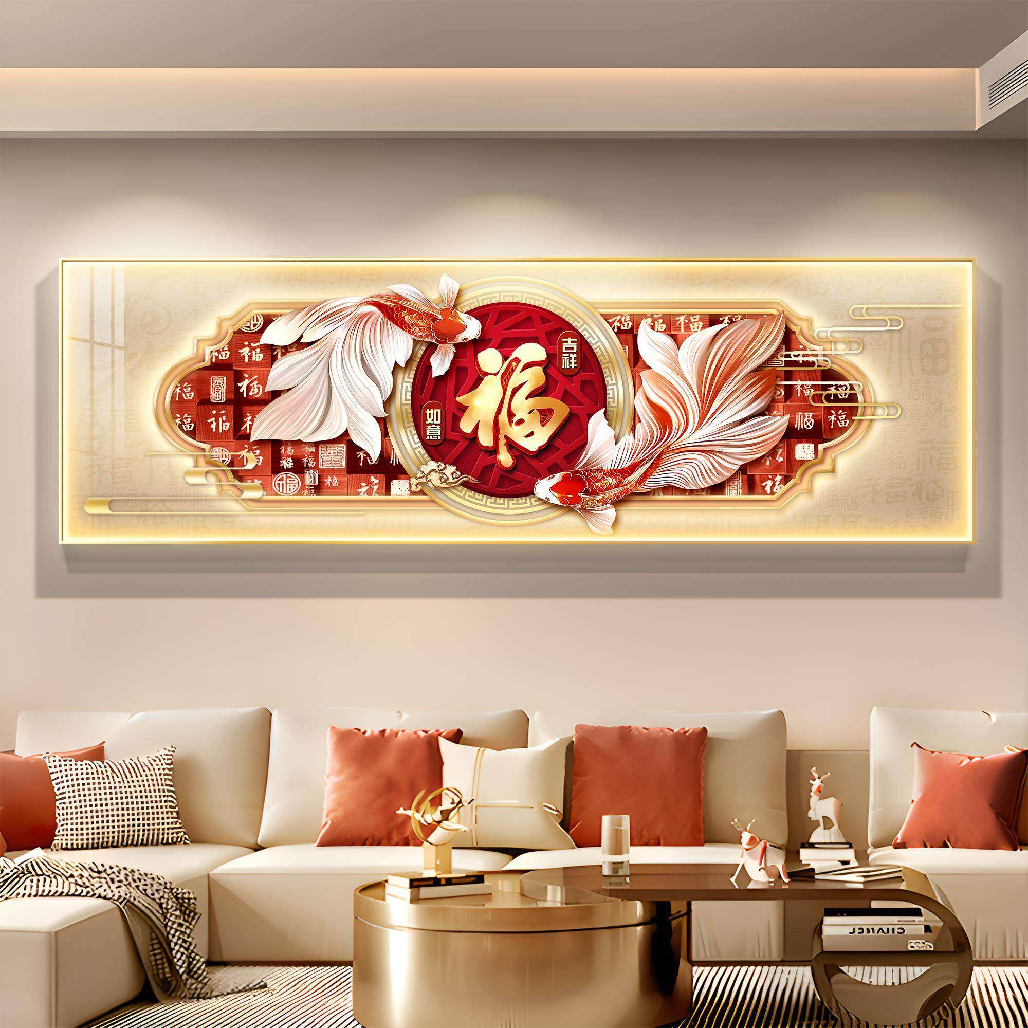 LED灯画福字客厅装饰画新中式大气高档沙发背景墙挂画九鱼图壁画,淘宝优惠券,粉丝福利购,淘宝优惠卷