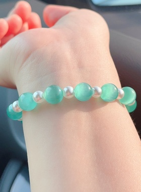 绿猫眼石珍珠气质简约百搭手串