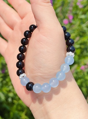 天然黑玛瑙冰海蓝玉髓手链手串
