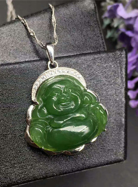 天然A货保真和田玉碧玉佛吊坠s925银镶嵌菠菜绿玉石大肚佛公挂件