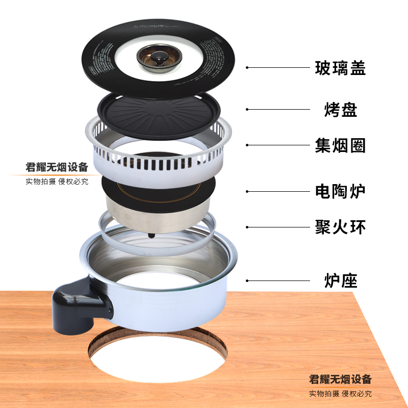 无烟电烤炉商用韩式烤肉炉圆形自助烧烤烤涮一体火锅桌下排自消烟