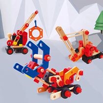 Children Wooden 100 Twist Screw Nut Simulation Combined Engineering Car Dinosaur Animal Building Block Assembly Tool Toys
