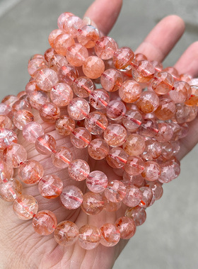 【5A天然红胶花手链】冰透草莓红女生水晶单圈圆珠手饰招桃花能量