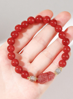 南红玛瑙草莓晶貔貅手链 招财纳福双宝石手串 女款旺姻缘水晶饰品