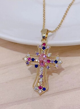 彩色锆石十字架锁骨链时尚百搭款