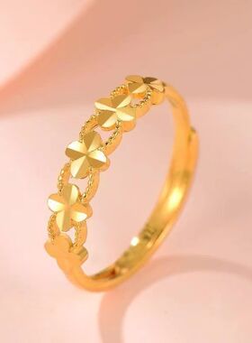 沙金色女戒指甜美四叶草开口戒