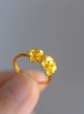 沙金色女花朵甜美双生花戒指