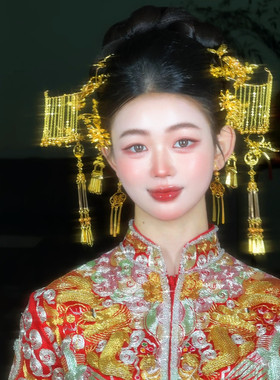 新中式金色龙凤褂头饰金色花朵流苏造型新娘秀禾服配饰拍照婚礼