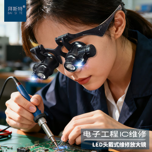 拜斯特头戴眼镜式维修放大镜led带灯双眼8组目镜检验高珠宝电子路 - 图1