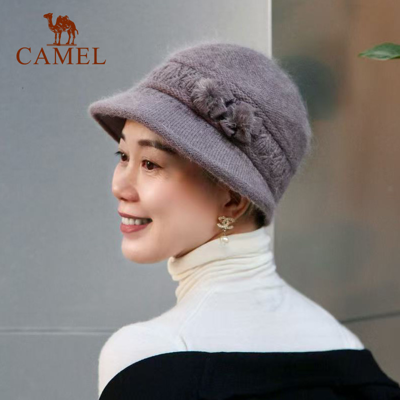骆驼中老年人保暖帽子妈妈帽冬季兔毛毛线帽老太太加绒棉帽奶奶帽