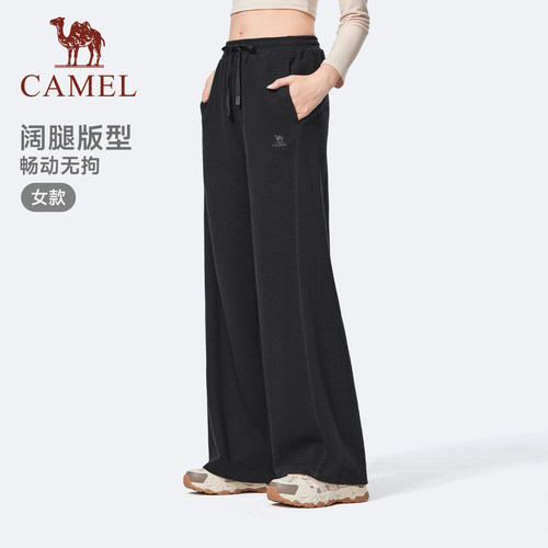 骆驼高腰阔腿裤女春秋季新款针织裤棉感运动宽松直筒休闲裤子 - 图0